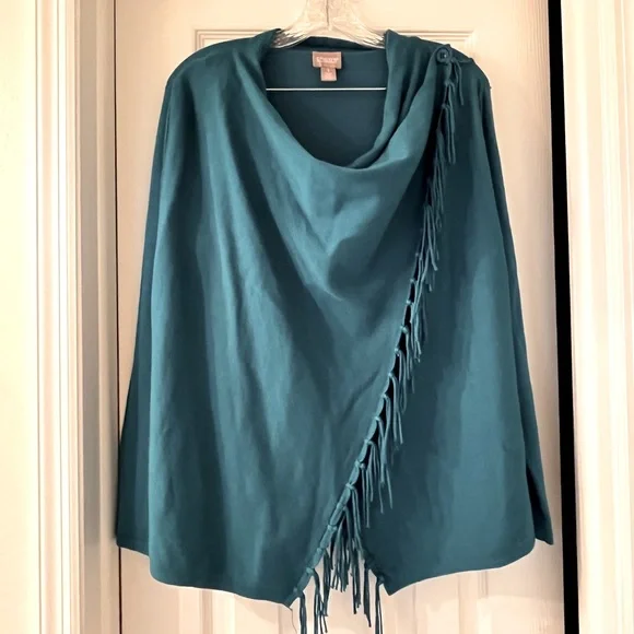 Chico’s Drape Fringe Shawl Sweater Teal - Picture 1 of 3